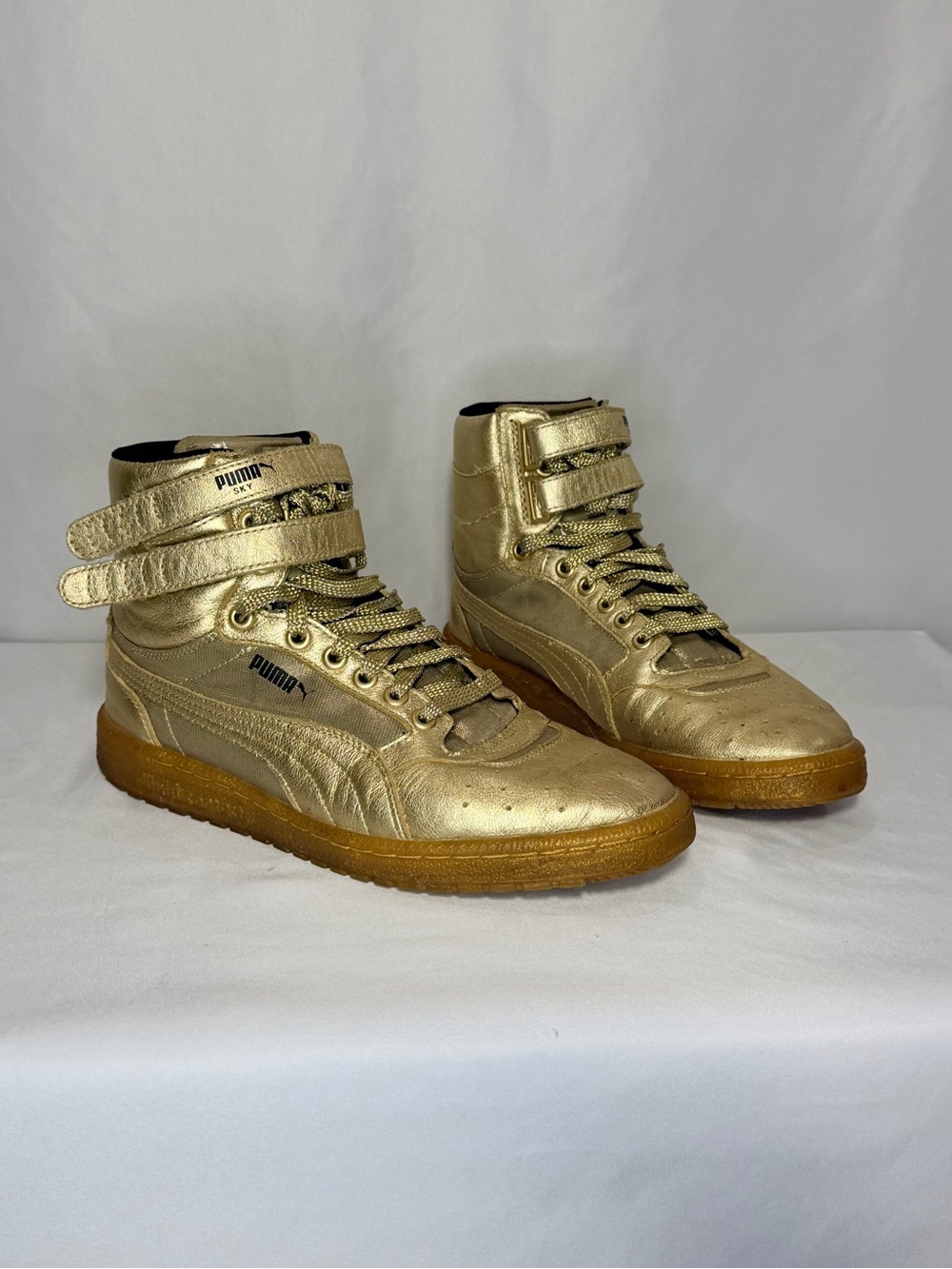 PUMA Sky II Hi Metallic Gold High Top Sneakers Double Strap Gum Sole 8.5